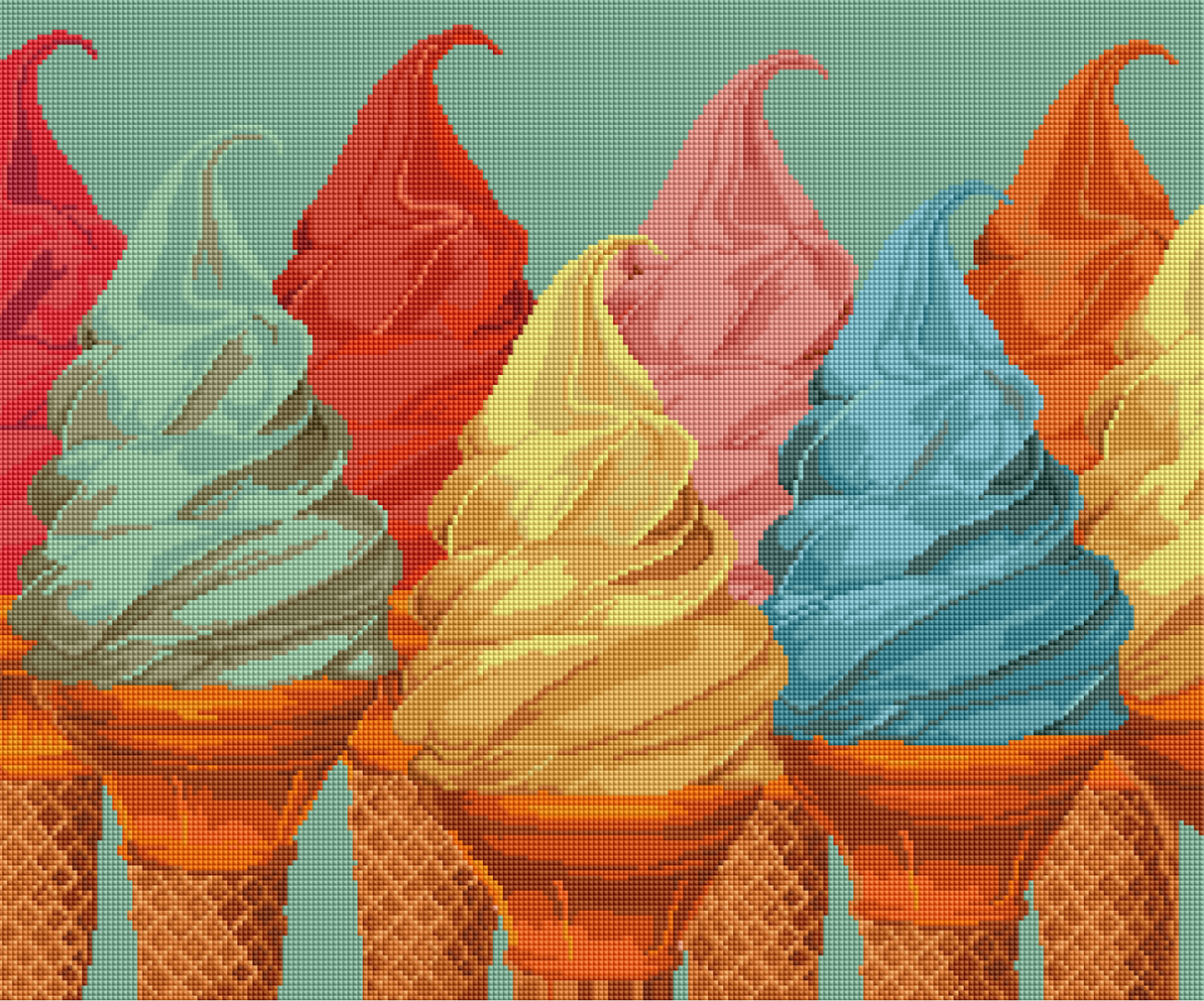 A colorful diamond painting kit with a pistachio green background and multiple ice cream cone shapes filled with various colors.