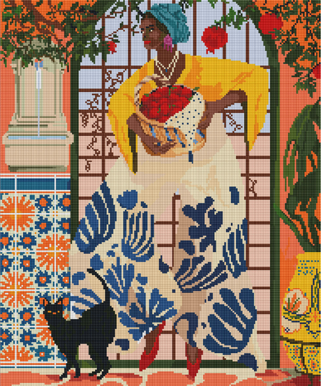 A colorful illustration of a person wearing a yellow garment and a blue headscarf, accompanied by a black cat, with a background featuring a tiled wall and greenery.